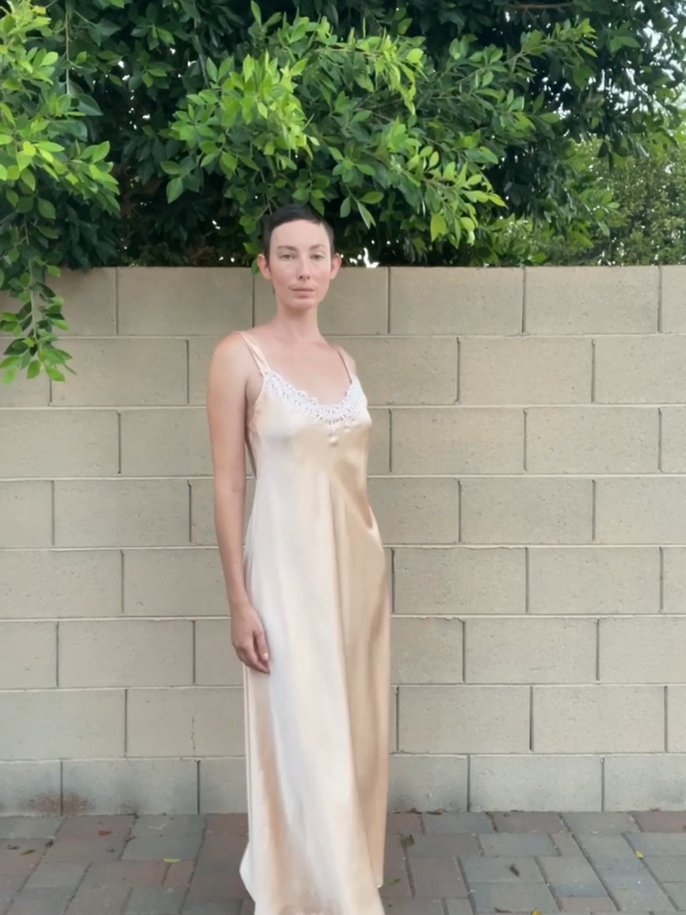 Satin Lace-Trim Slip Dress – Peachy Cream